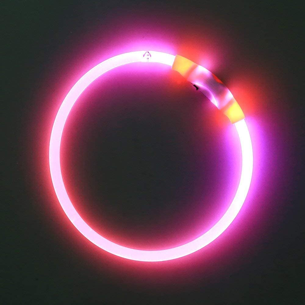 Light up Dog Collar, Type-C Rechargeable LED Dog Collar Waterproof Glowing Pet Collar TPU Cuttable Lighted Puppy Collar Safety Dog Lights for Night Walking (Pink 70Cm)